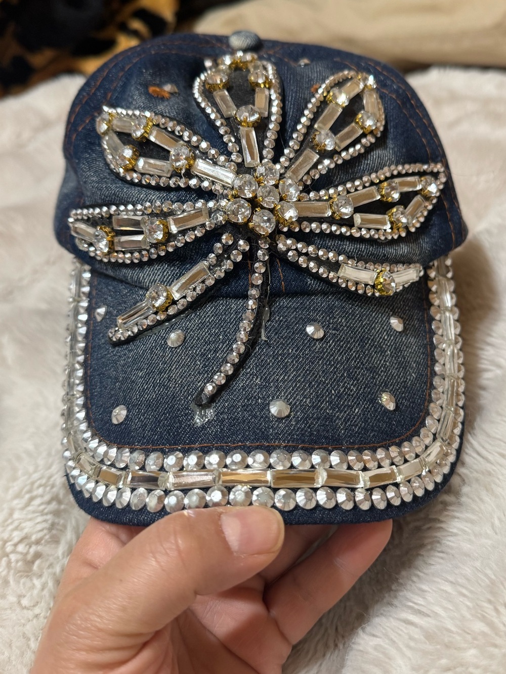 Embellished Denim Crystal Flower Baseball Cap - Navy